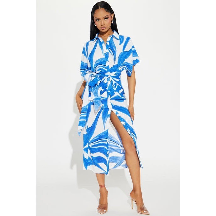 Fashion Nova Blue White Tropical Leaf Print Midi Shirt Dress Short Sleeve Large