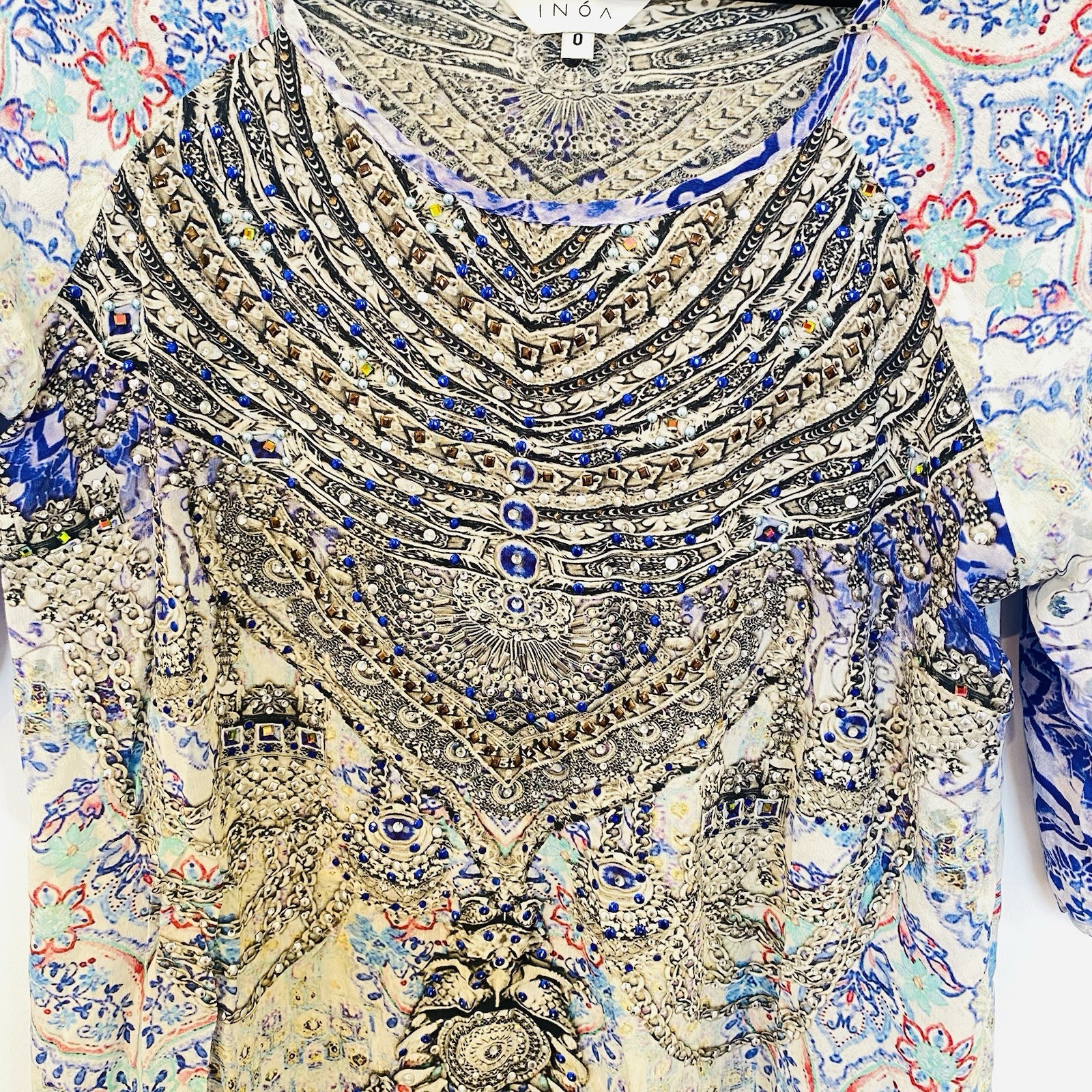INOA 100% Silk Size 0 Blue Green Jewelled Aztec Patterned Kaftan Dress Boho