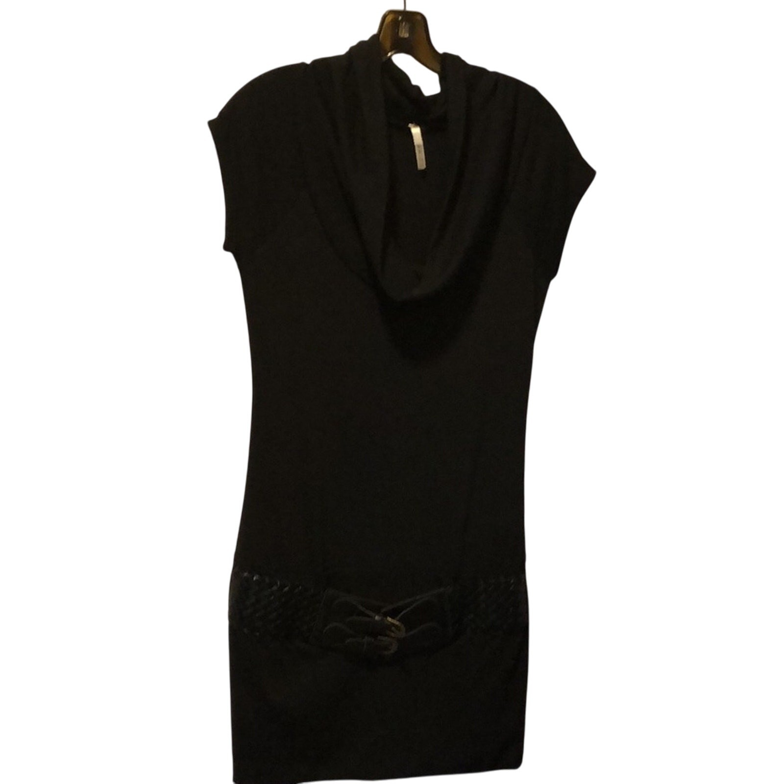 Bella D Black Sweater Dress with Attached Black Belt at Hips Stretch Sz L