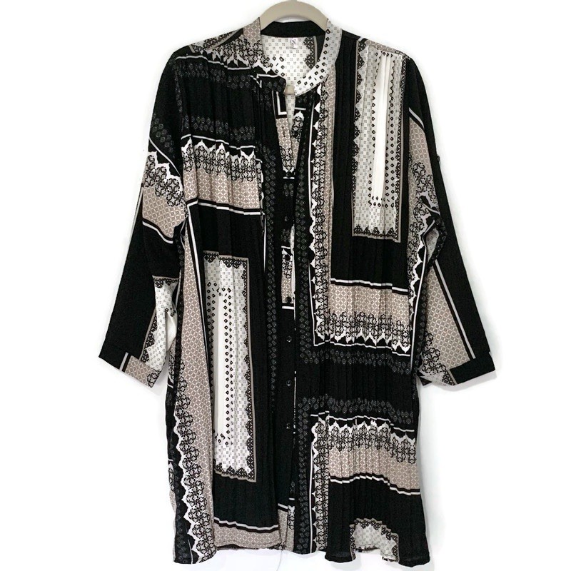 Boutique Mixed Scarf Print Oversized Shirt Dress Pleated Tie One Size Boho Artsy