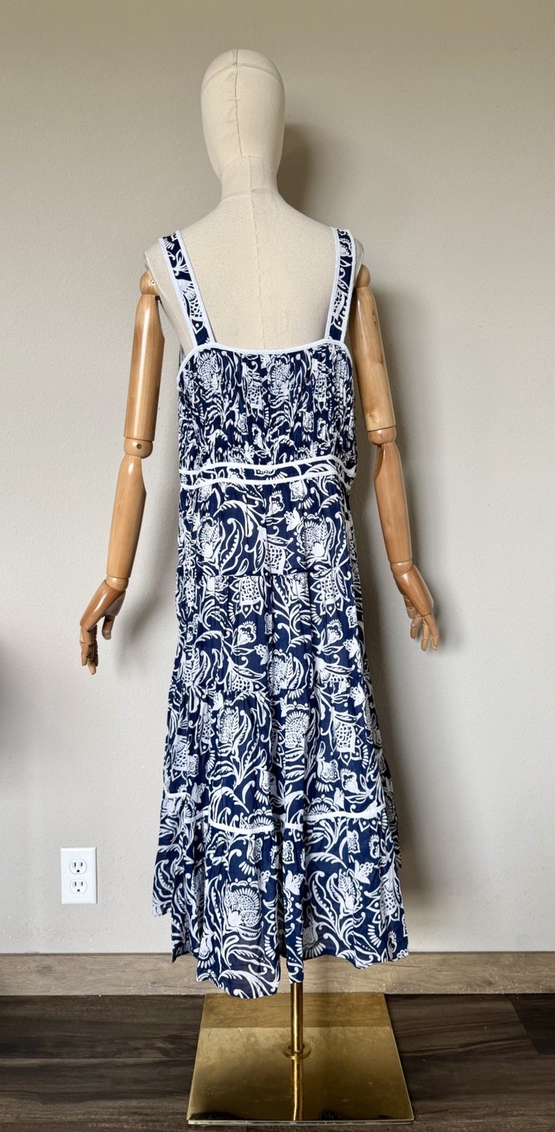 Talbots Size 16 Tiered Fit & Flare Dress Distressed Jacobean Navy White