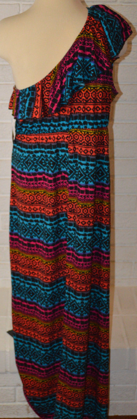 Women’s Mix & Co. Multi Color Geo Ruffle One Shoulder Maxi Dress Size XL