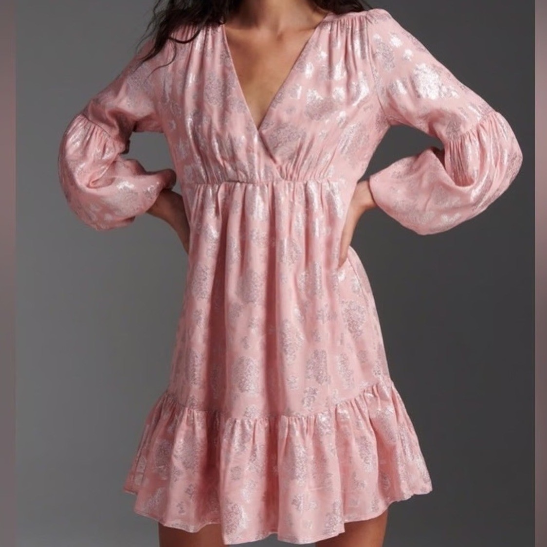 Anthropologie Jolene Pink Metallic Jacquard V-Neck Balloon Sleeve Mini Dress M
