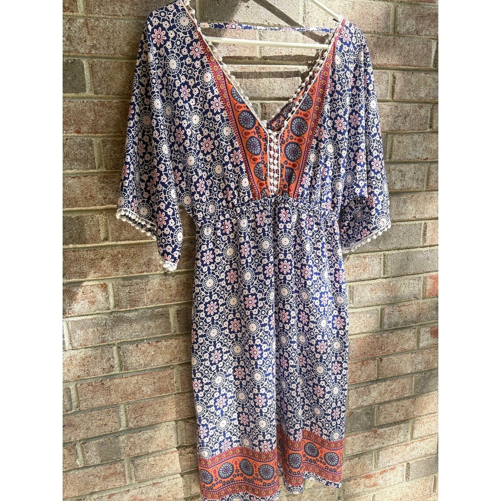 Passager Boho Beach Cover Up Dress EU 40 M Medallion Print Pom Trim