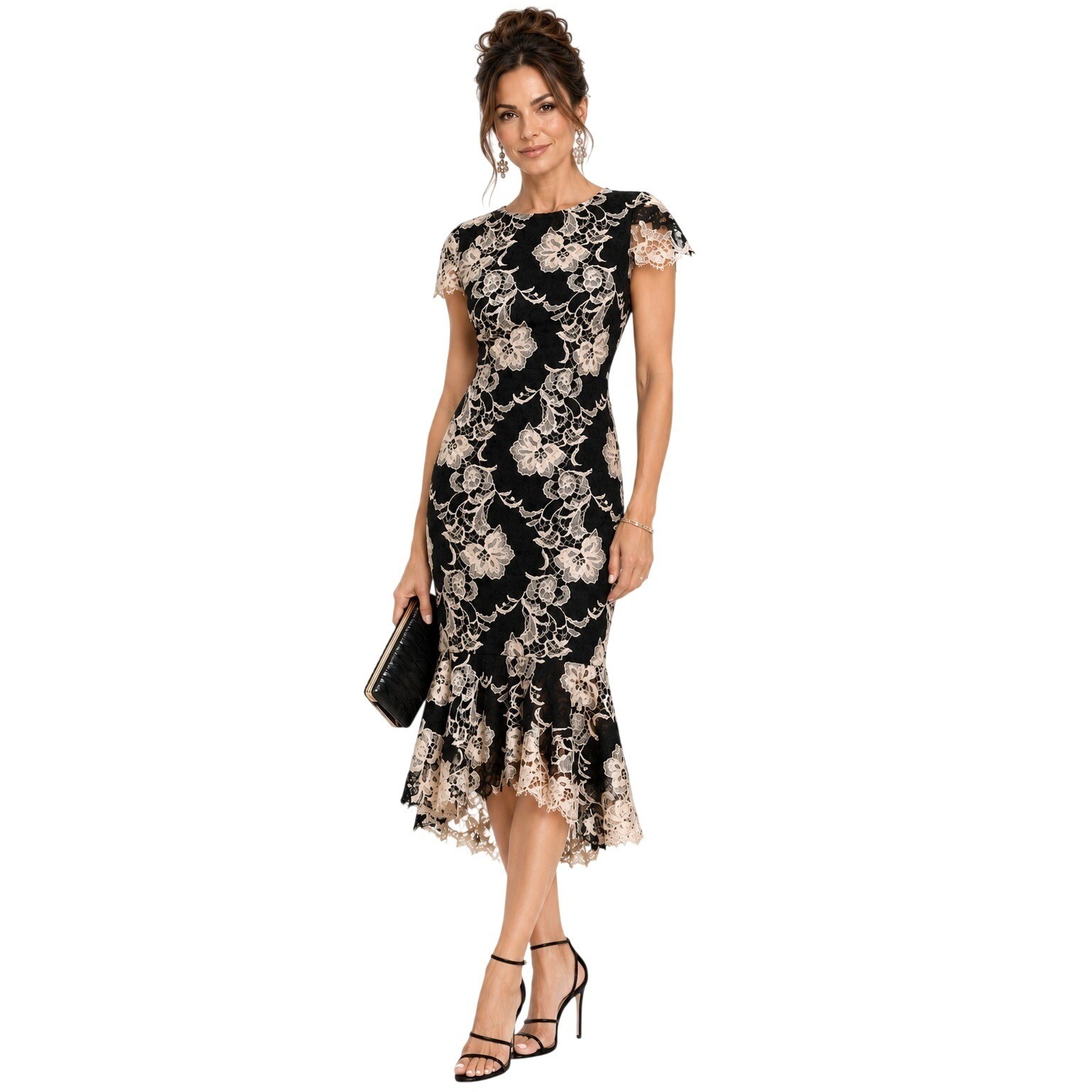 Alice + Olivia Lace Dress Black Cream Floral Mermaid Elegant Cocktail Classy 0