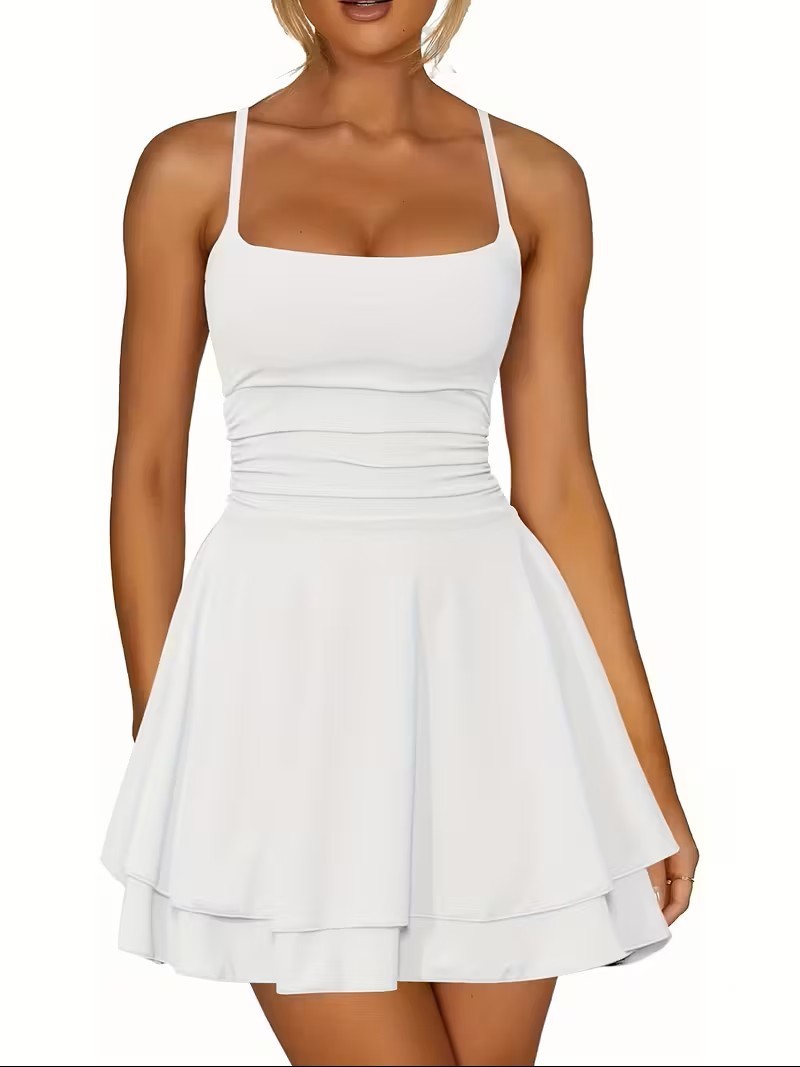 Womens Sleeveless Square Neck Fit Flare Mini Dress Ruched A-Line Sundress