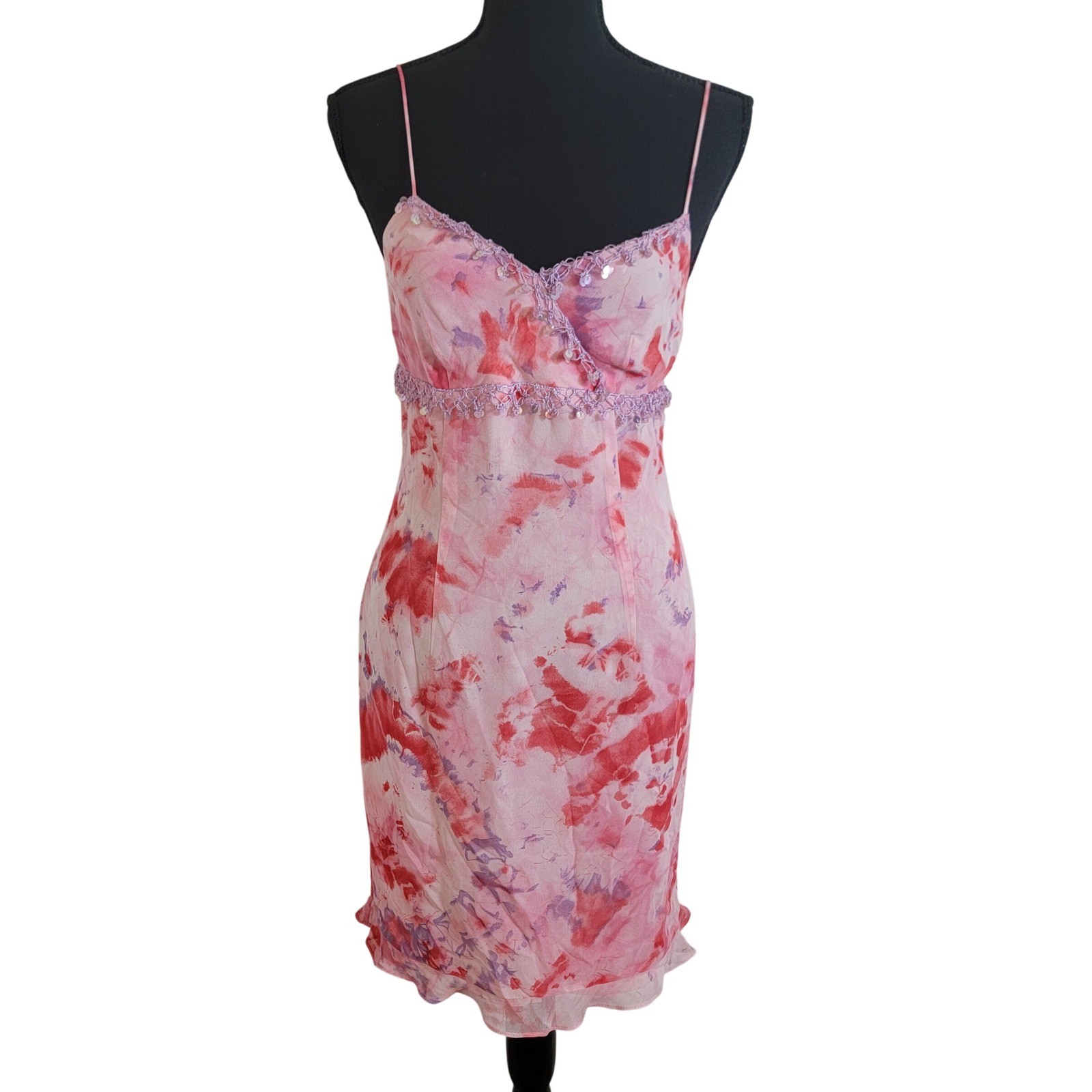 VTG Y2K Silk Floral Romantic Feminine Short Dress Sequin Trim Nicole Miller Sz 2
