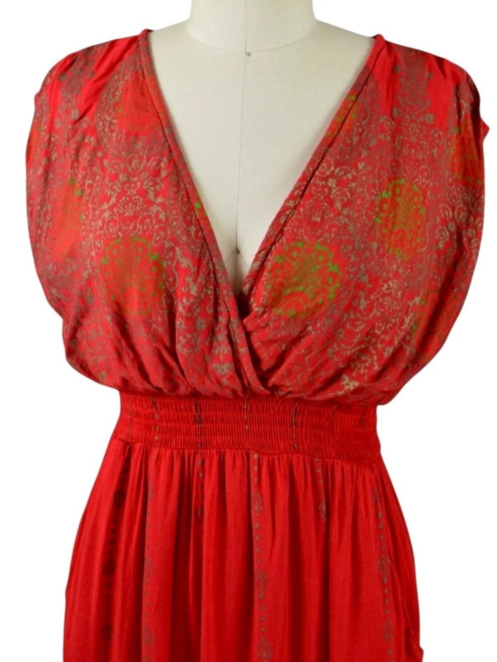 LAPOGEE Tribal Print Red Gold Bohemian V-Neck Maxi Dress Size Large
