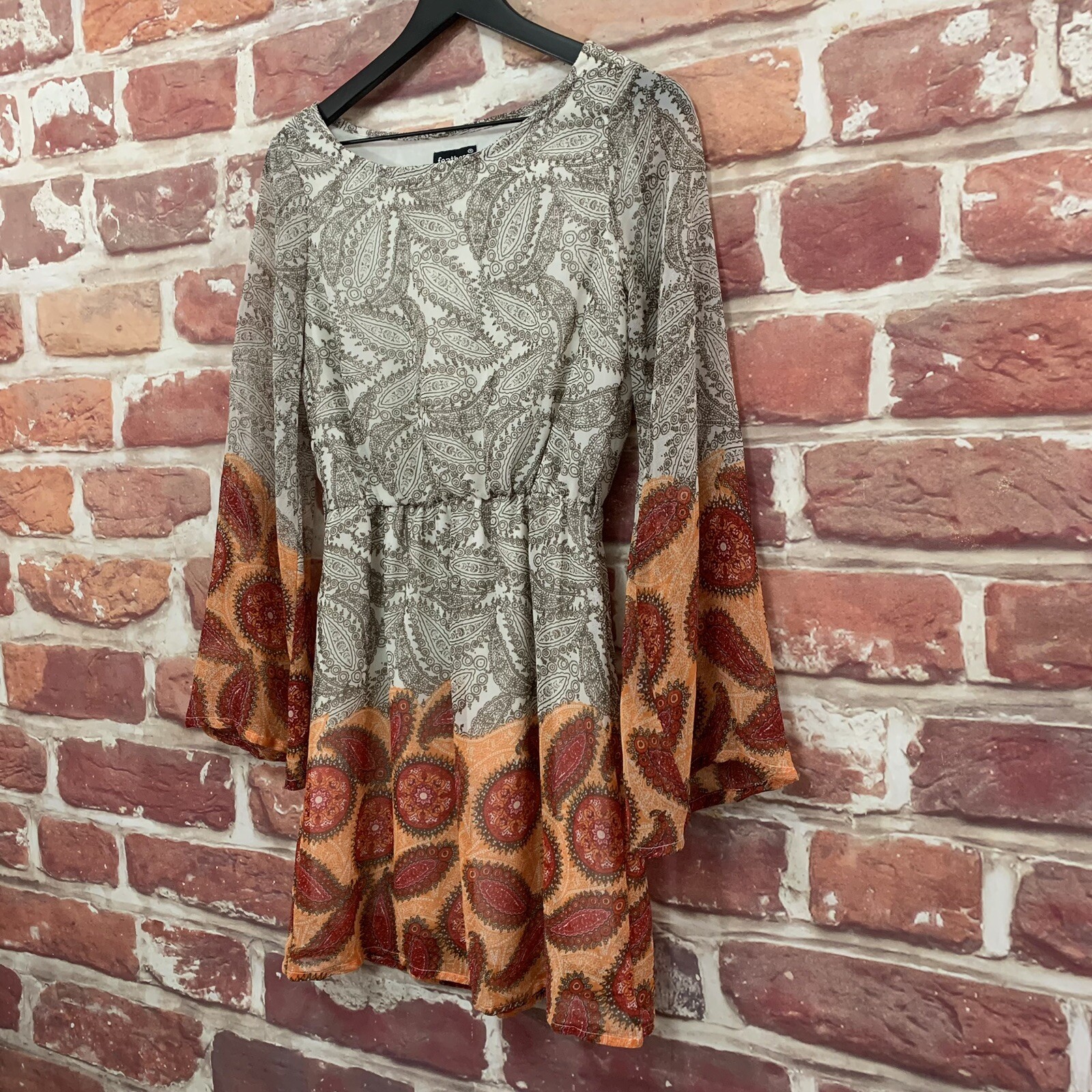 Feathers Dress Womens Small White Taupe Multicolor Boho Paisley Floral Pullover