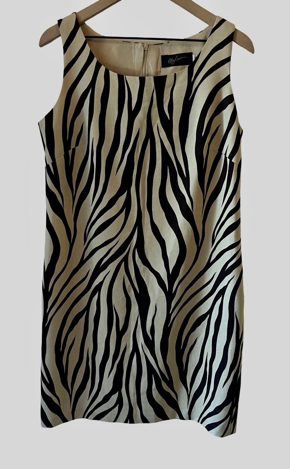 Vintage Oleg Cassini Brown & Cream Zebra Print Sleeveless Shift Dress Size 16