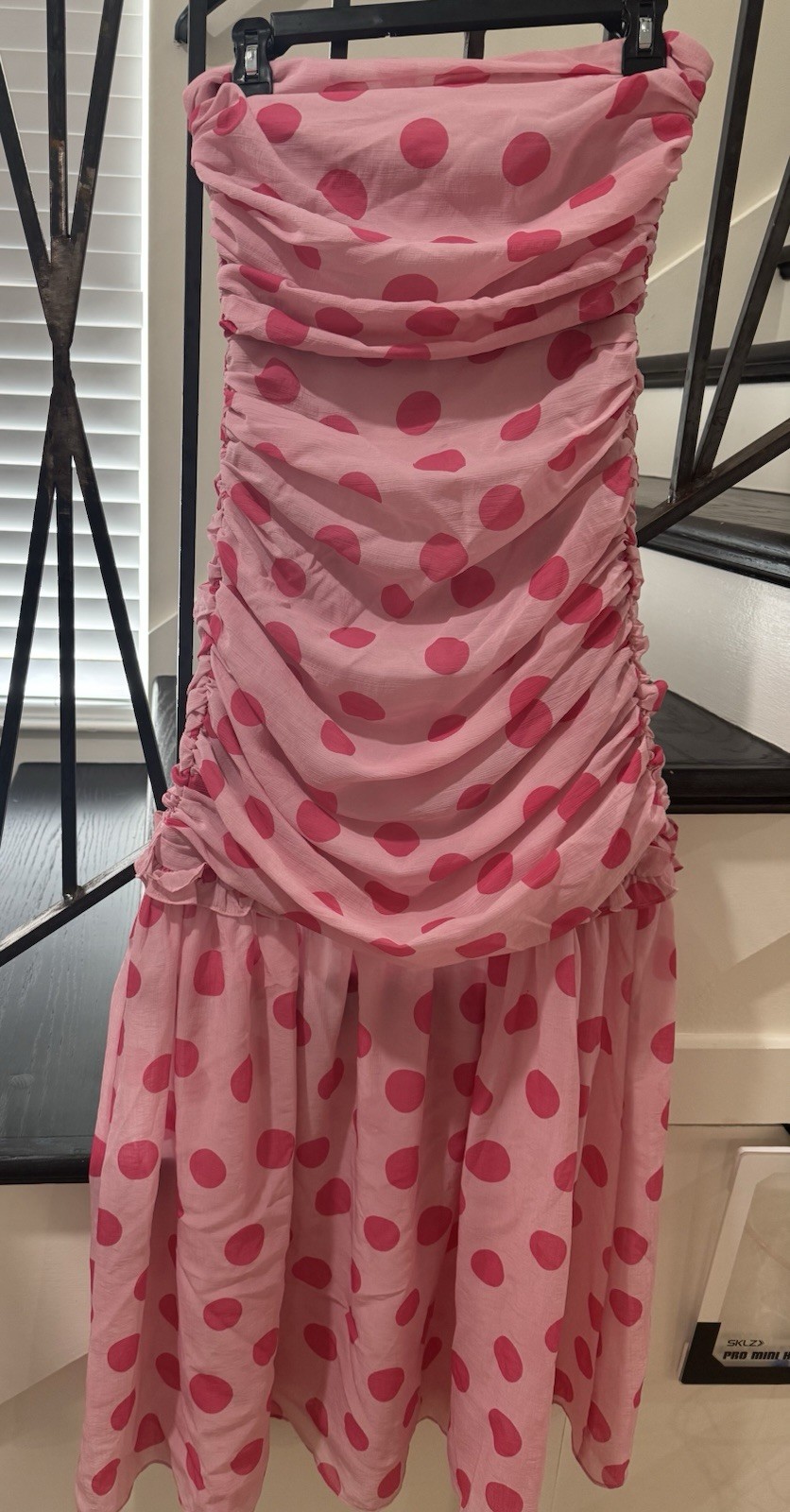 ELLIATT Pink Polka Dot Strapless Ruched Ruffle Smocked Midi Dress Size S