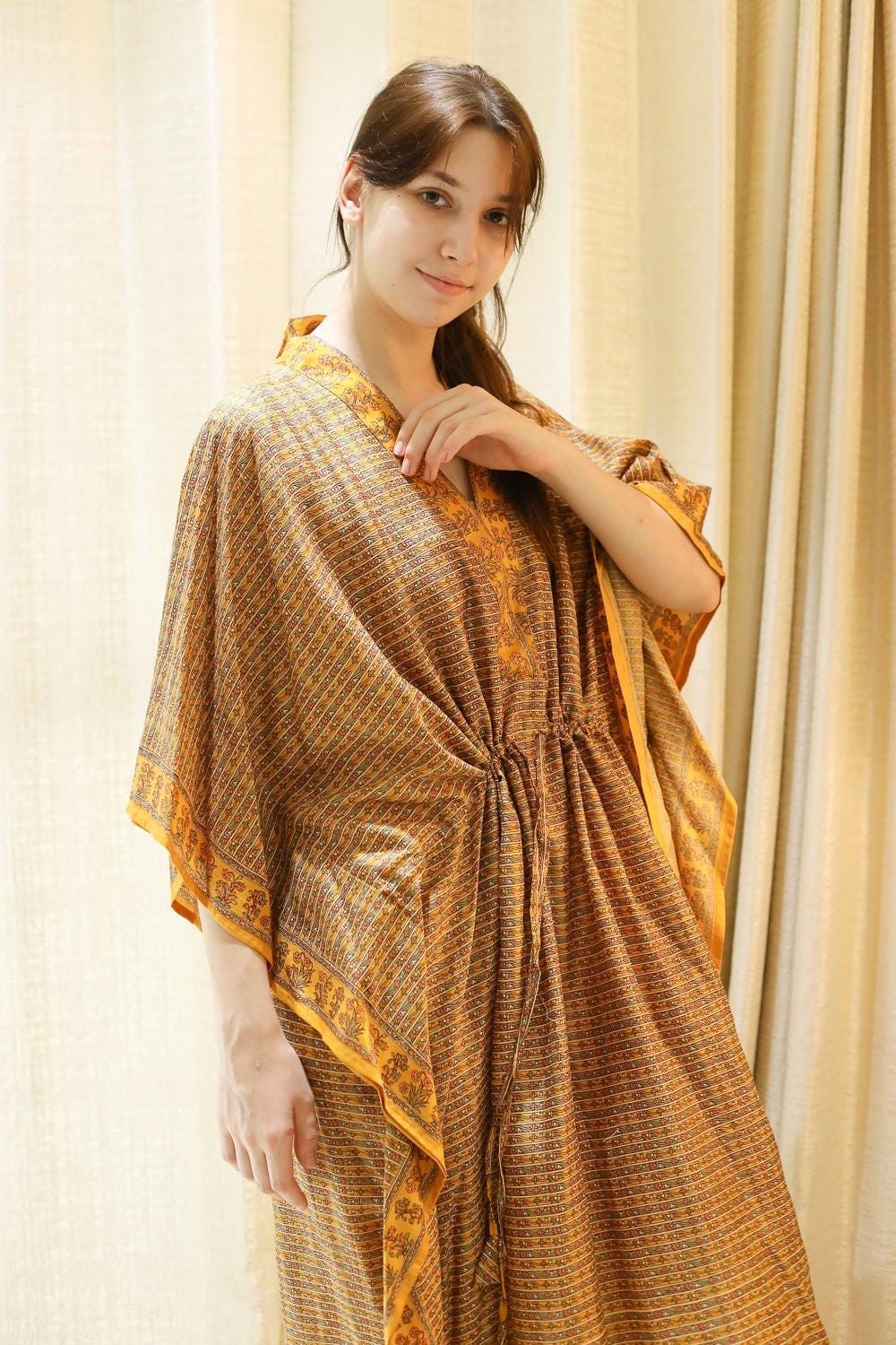 Silk Yellow Kaftan / Handmade Flowy Maxi Dress / Resort Wear Outfit PS MFN1006