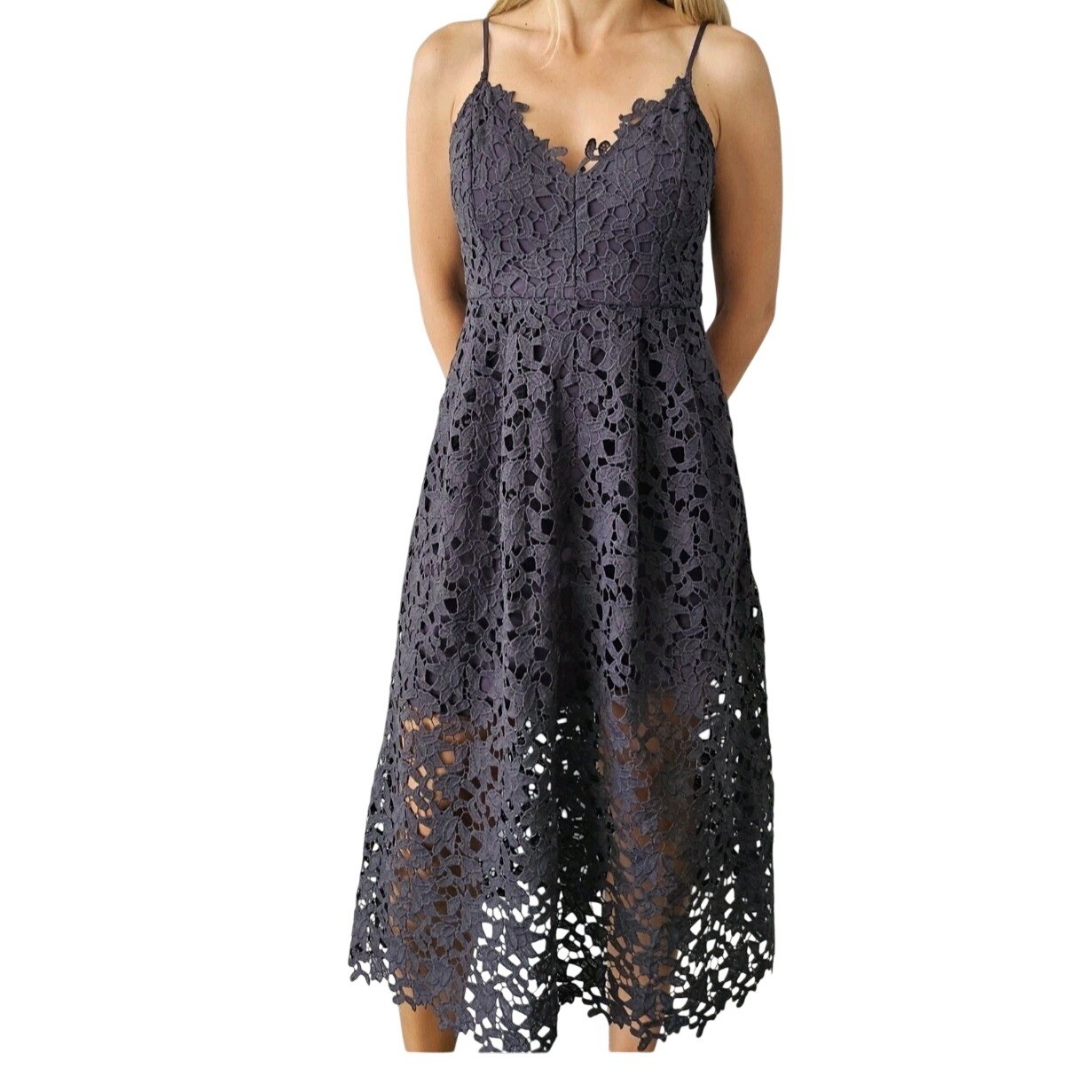 ASTR the Label Lace Midi Dress Dark Purple Floral Scalloped Hem ALD42049 Size M
