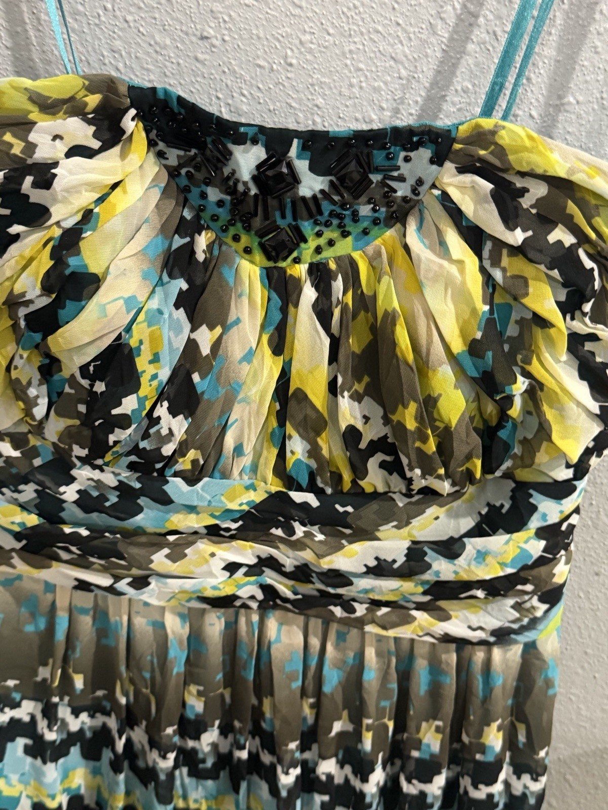 Max & Cleo Blue Lagoon Geometric Beaded Pleated Maxi Dress Sweetheart Size 2