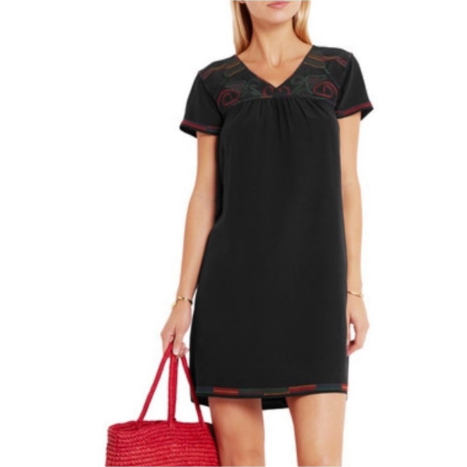 Madewell 100% Silk Embroidered Shift Dress Black Multicolor Boho Artisan Small