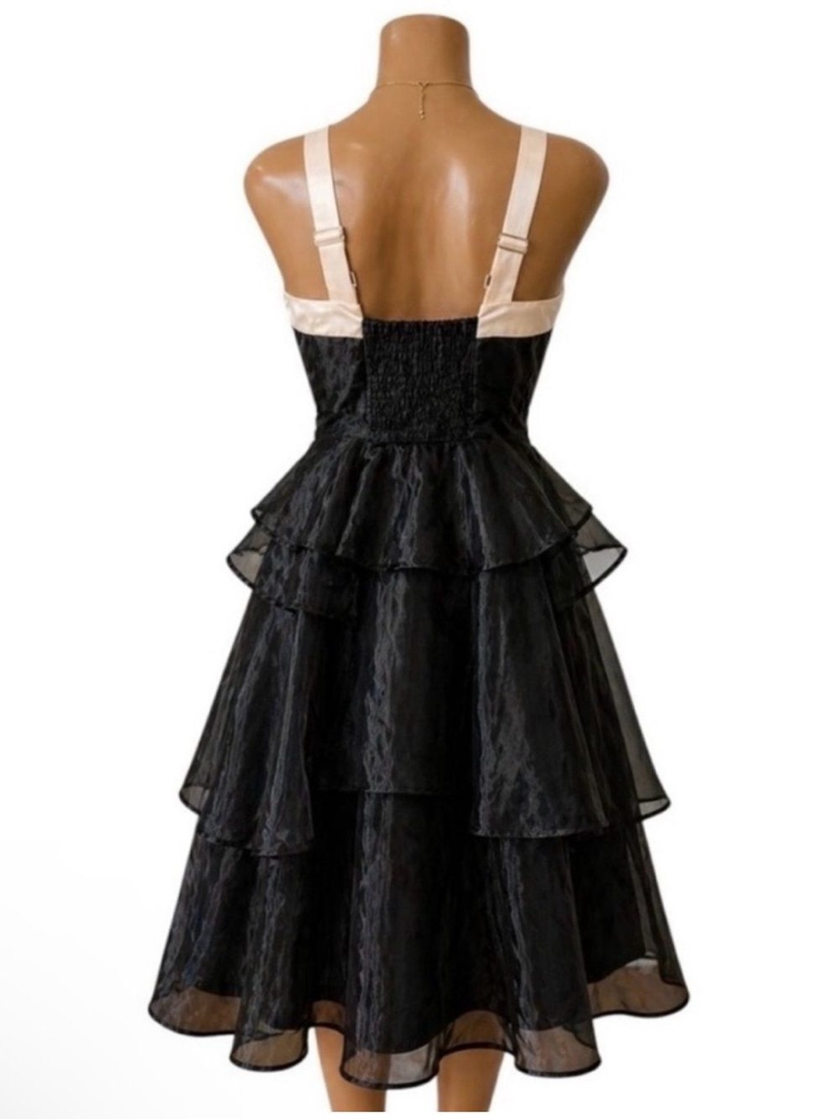 Lulus Black Cream Organza Tiered Midi Dress Satin Bow Formal Prom Gown Sz S NWT