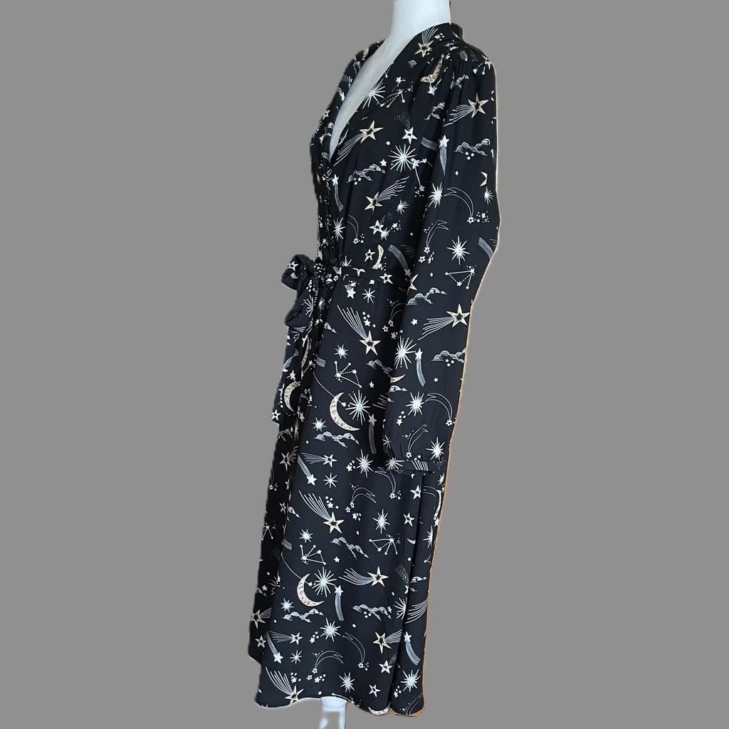 Joanie Babs Celestial Retro Black Moon Star Vneck Long Sleeve Midi Dress Sz 14