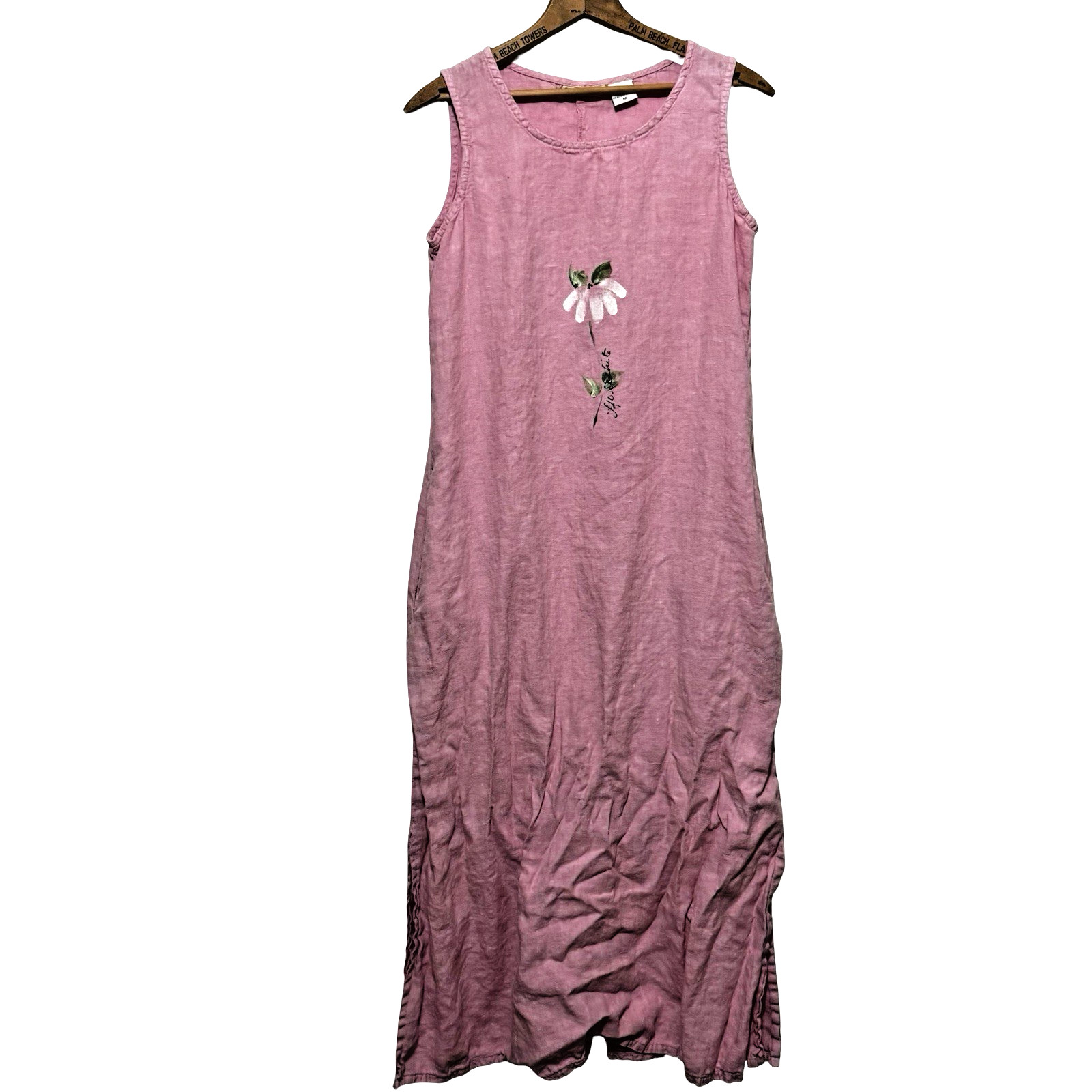 Vintage Sunbelt Hand Painted Linen Dress Pink maxi shift size Medium flower