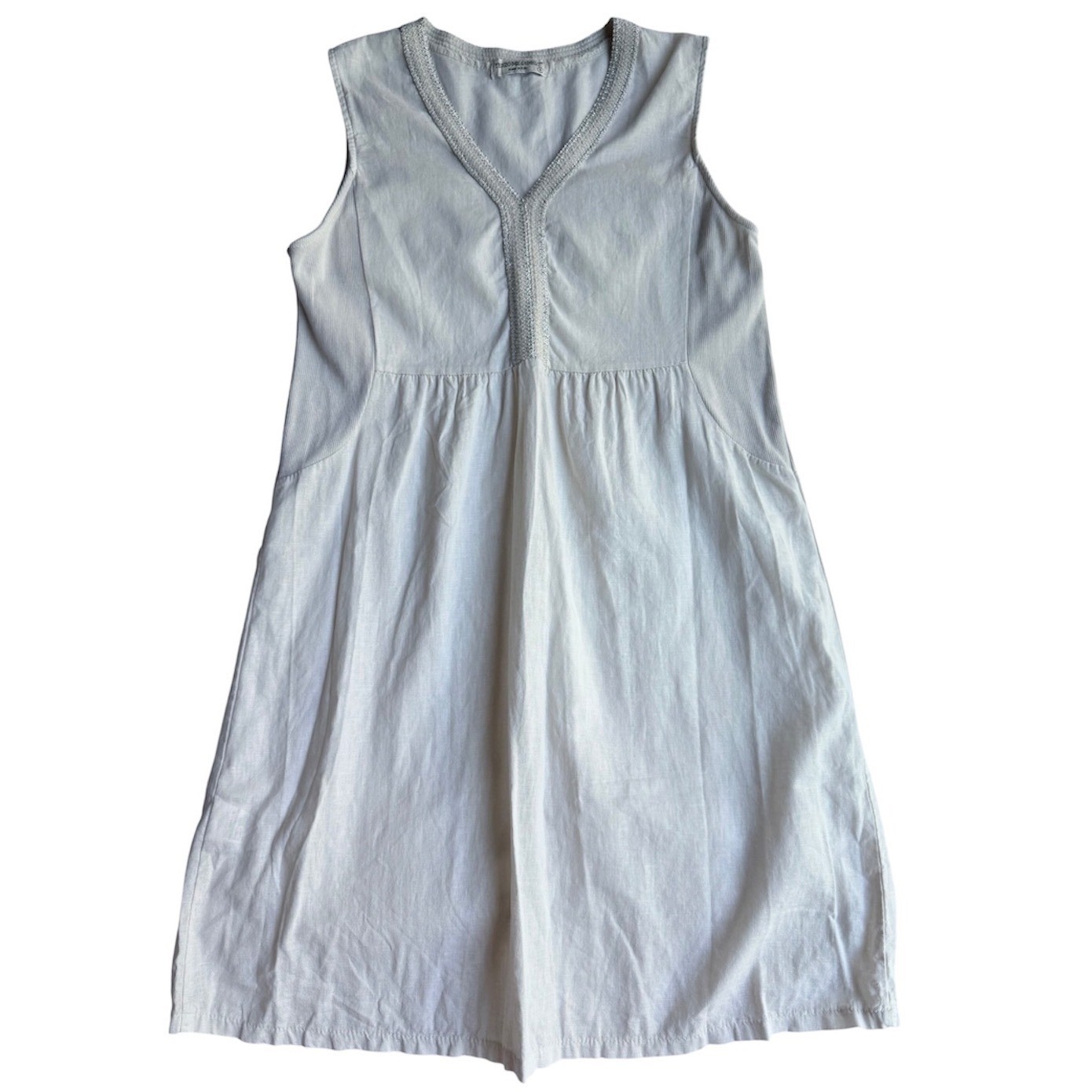 Terzo Millennio Italy White Linen Cotton Metallic Trim V-Neck Dress S
