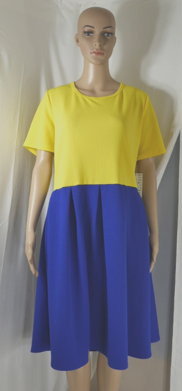 New Lularoe Amelia Bright Yellow / Blue Colorblock Pleated Dress Women’s 3XL