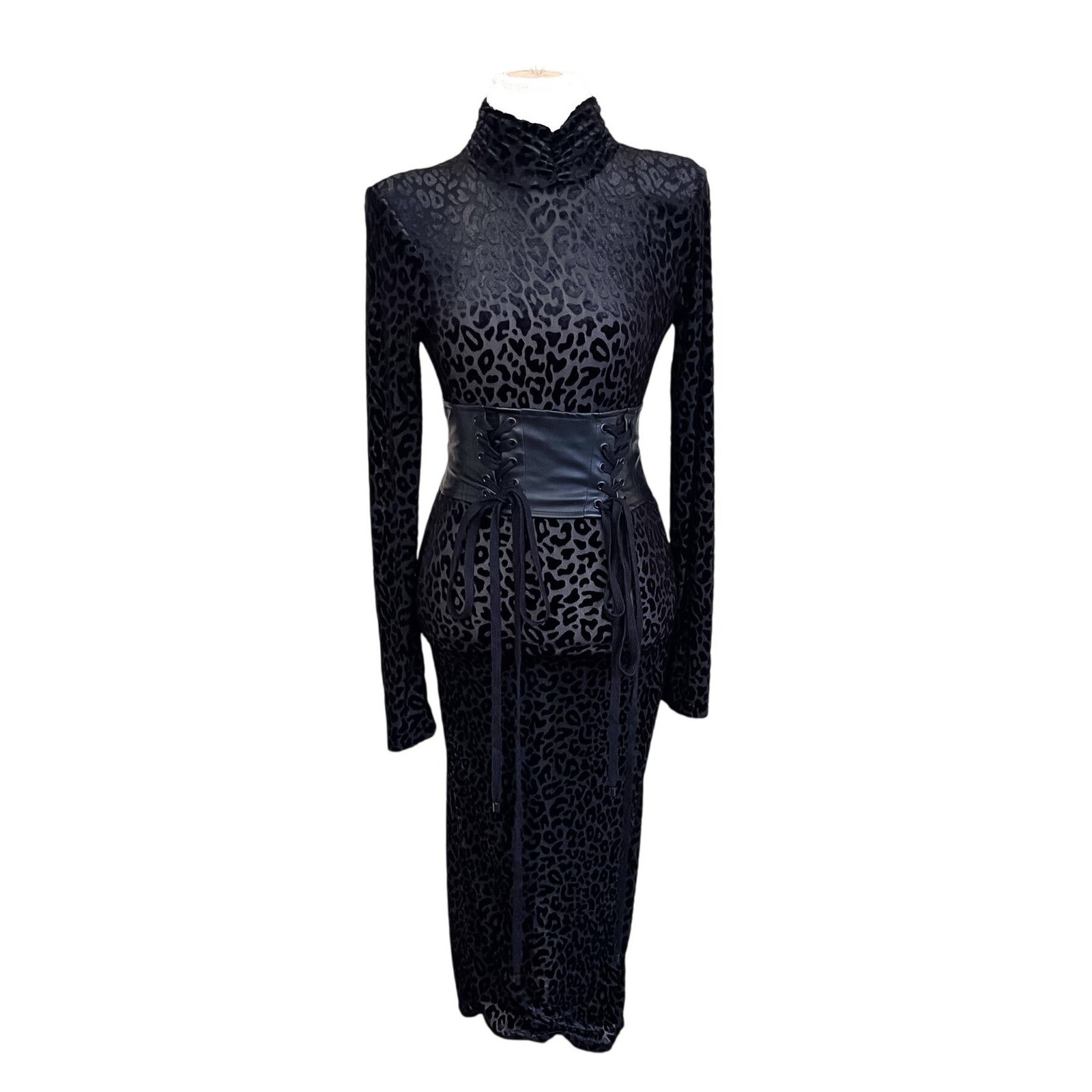 Capsulle Whimsigoth Leopard Corset Dress Medium Black Burnout Velvet Sheer Mesh