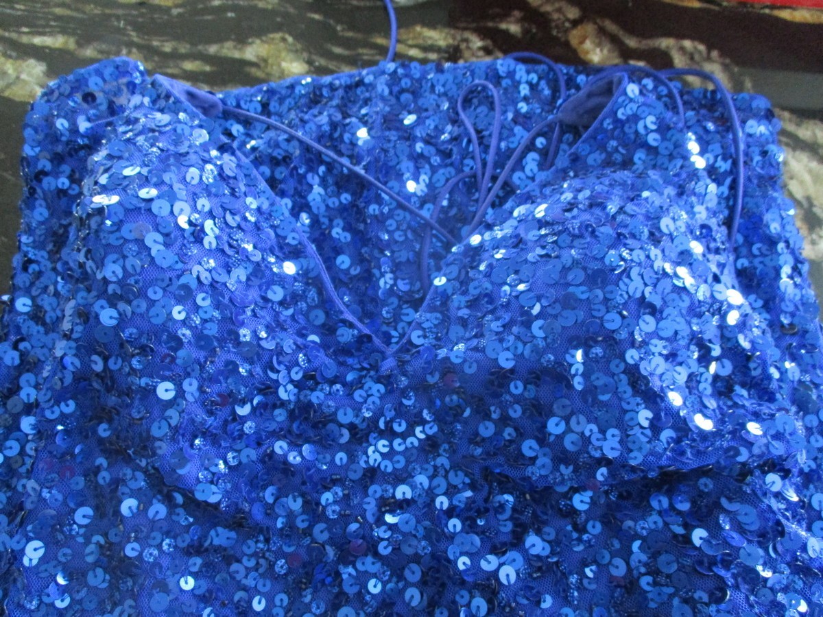 EYE CATCHING! “PRIMAVERA” BLUE SEQUIN DRESS SZ 10~TIE BACK~Prom Party Dance-LN!