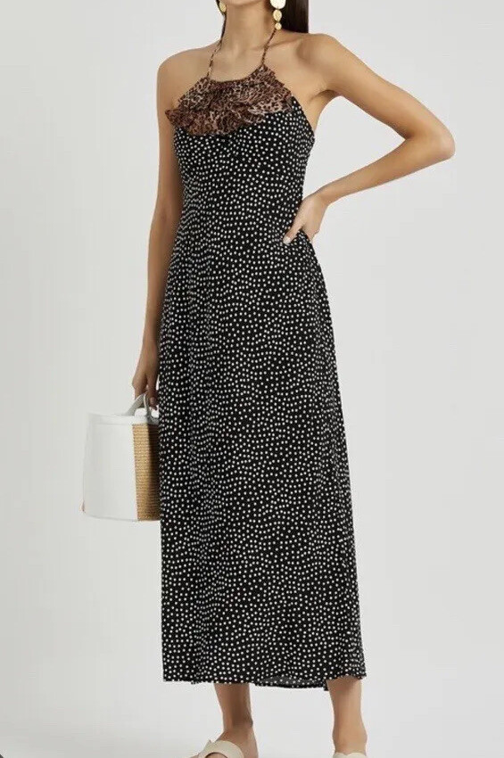 NEW RIXO Sage Black Polka Dot Crepe Maxi Dress Size 14 NWT Wedding Guest