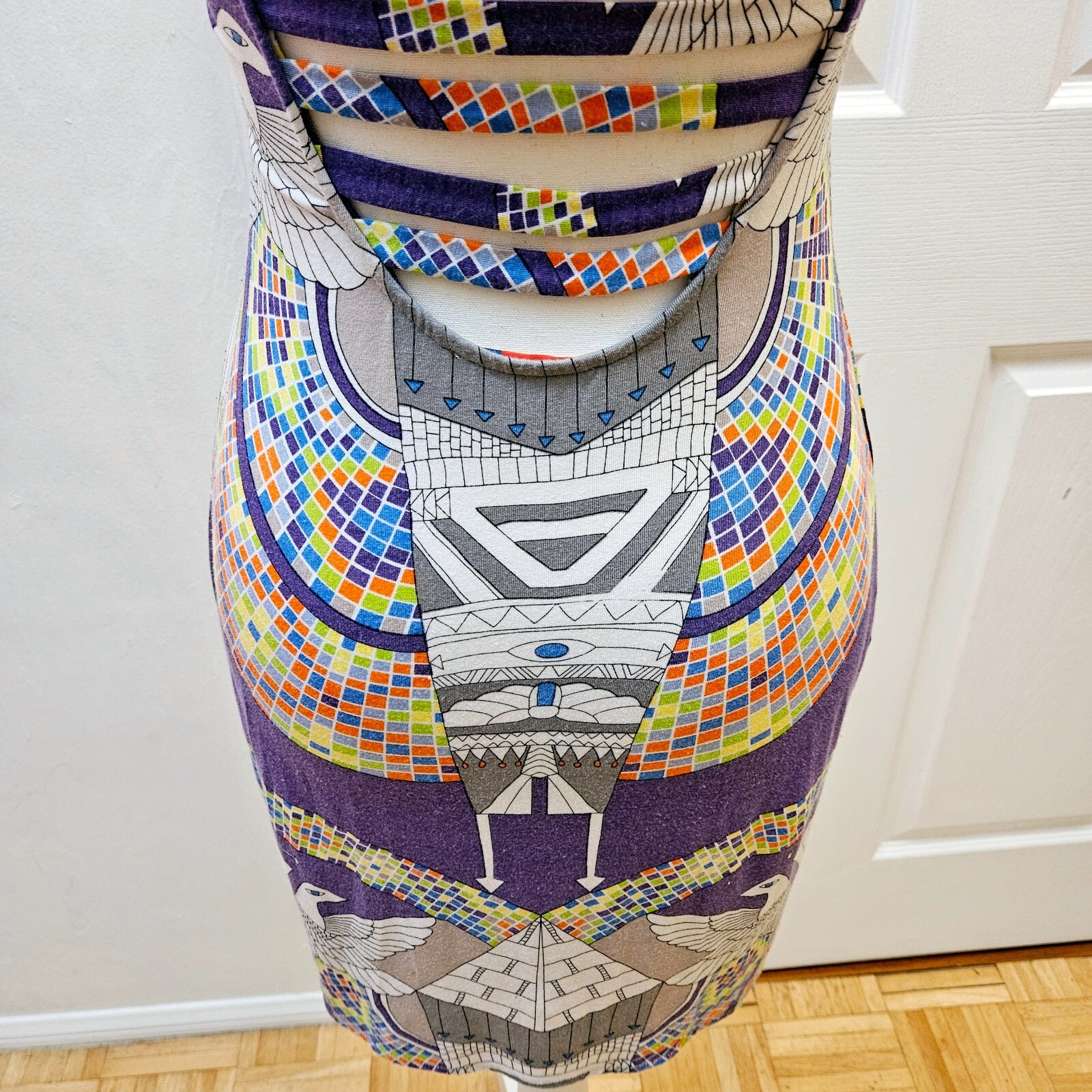 MARA HOFFMAN Runway White Purple Printed Egypt Stretch Bodycon Mini Dress XS
