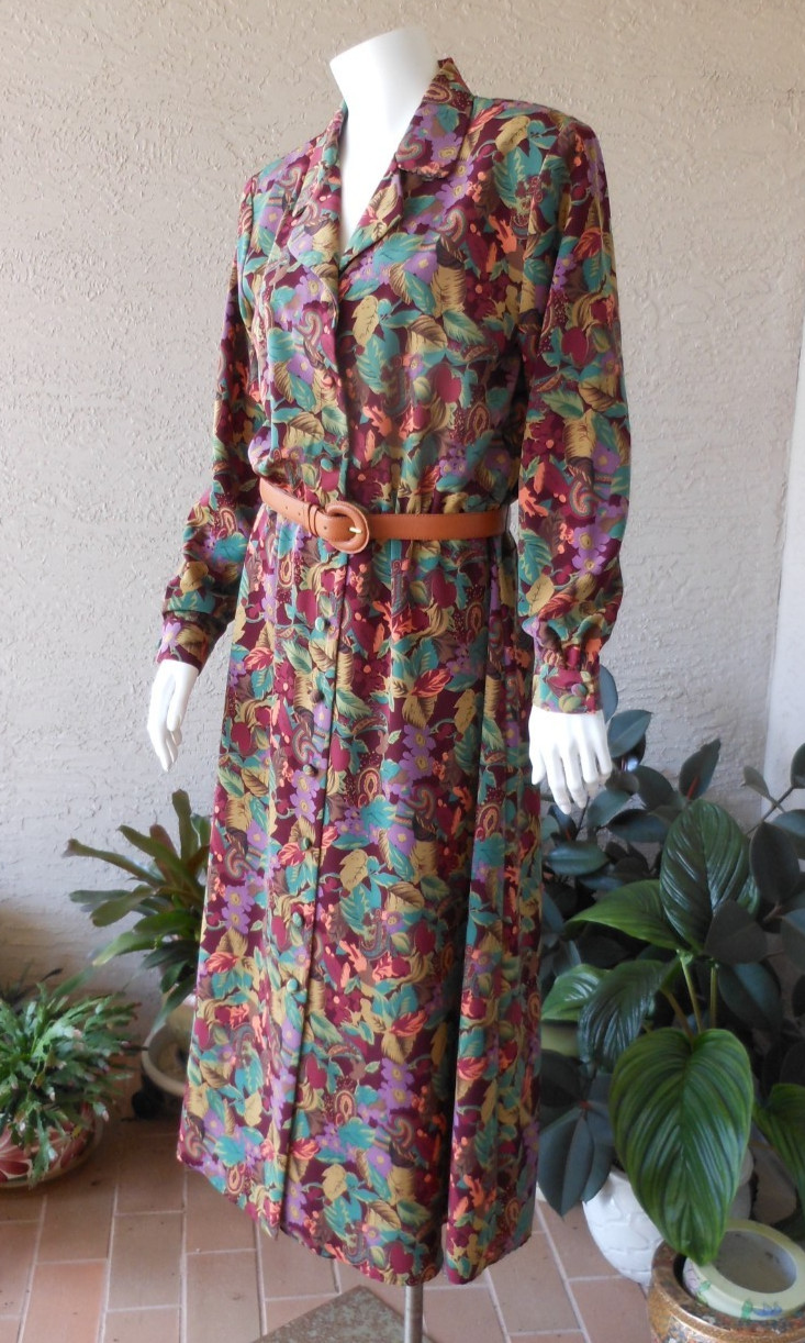 Nancy Crystal Dress Size 8 Fall Leaf Print Button Front Cottage Boho