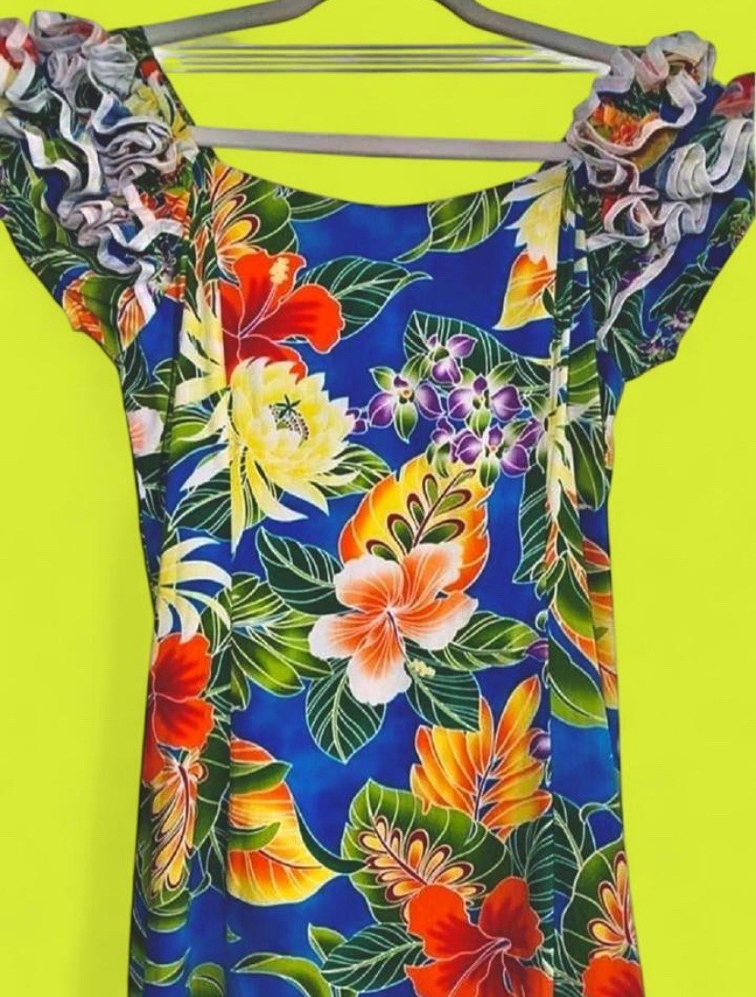 Pacific Legend Apparel Women’s M Blue Floral Hawaiian Ruffle Maxi Dress