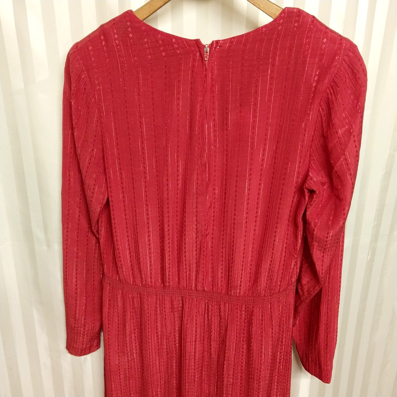 Vintage 1980s Red Plum Stripe Embroidered Midi Secretary Dress V Neck Size Small