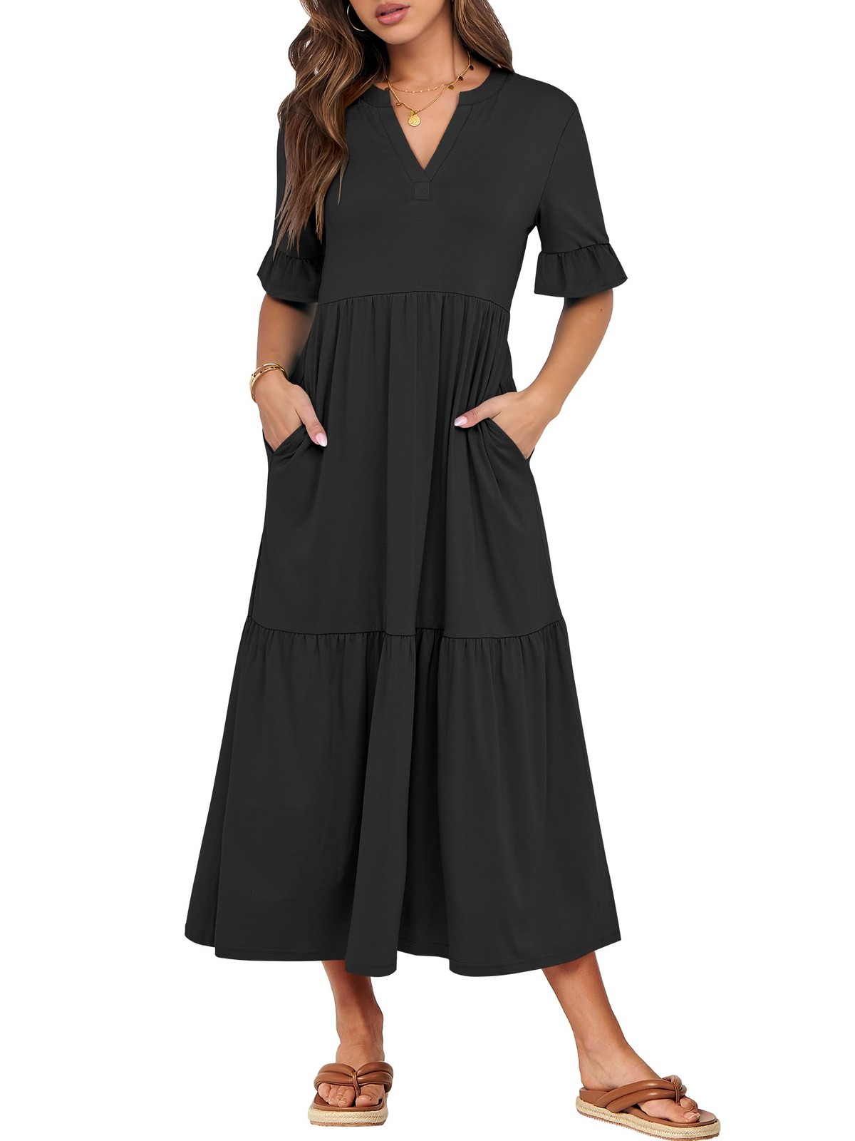 Womens Summer Maxi Dresses Casual Ruffle Short Sleeve V Neck Flowy Tiered 2026