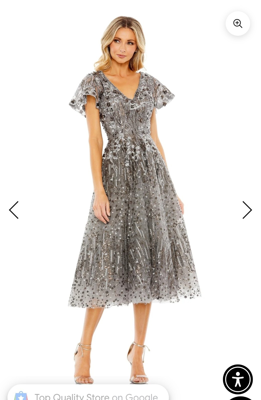 Women’s Gray/Silver Sequin Beaded Mesh V-Neck Flutter Sleeve Midi Dress 10