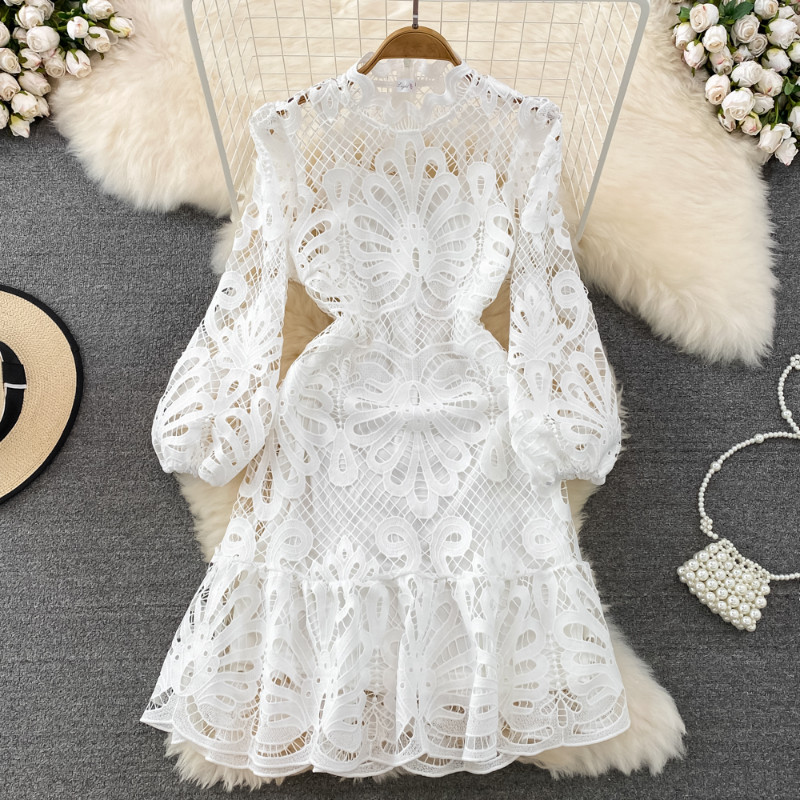 Women Puff Long Sleeve Ruffle Lace Midi Dress Hollow Out Retro Elegant New Dress