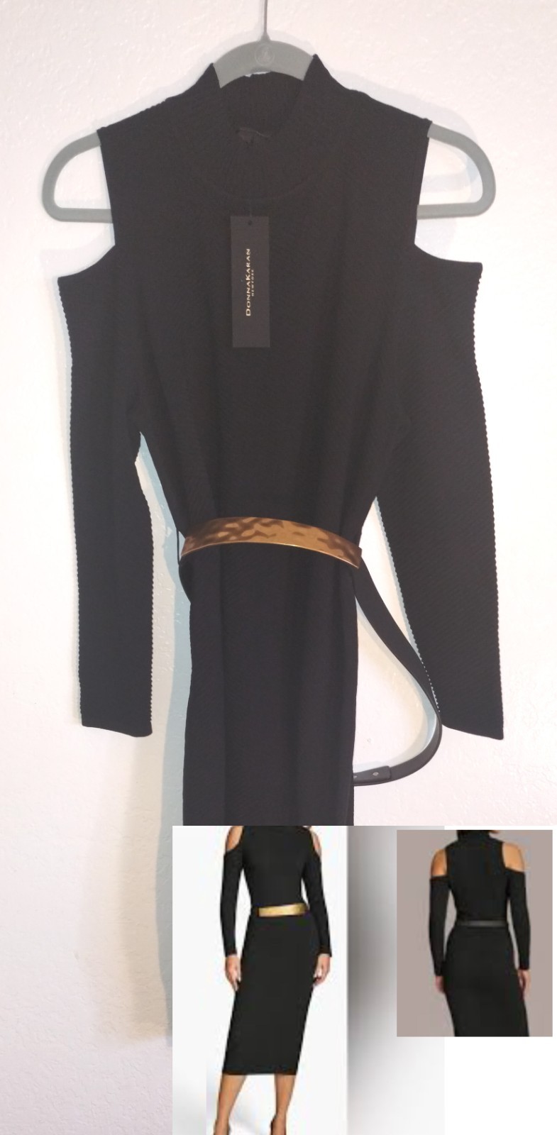 Donna Karan New York PL long sleeve cold shoulders midi black sweater dress NWT
