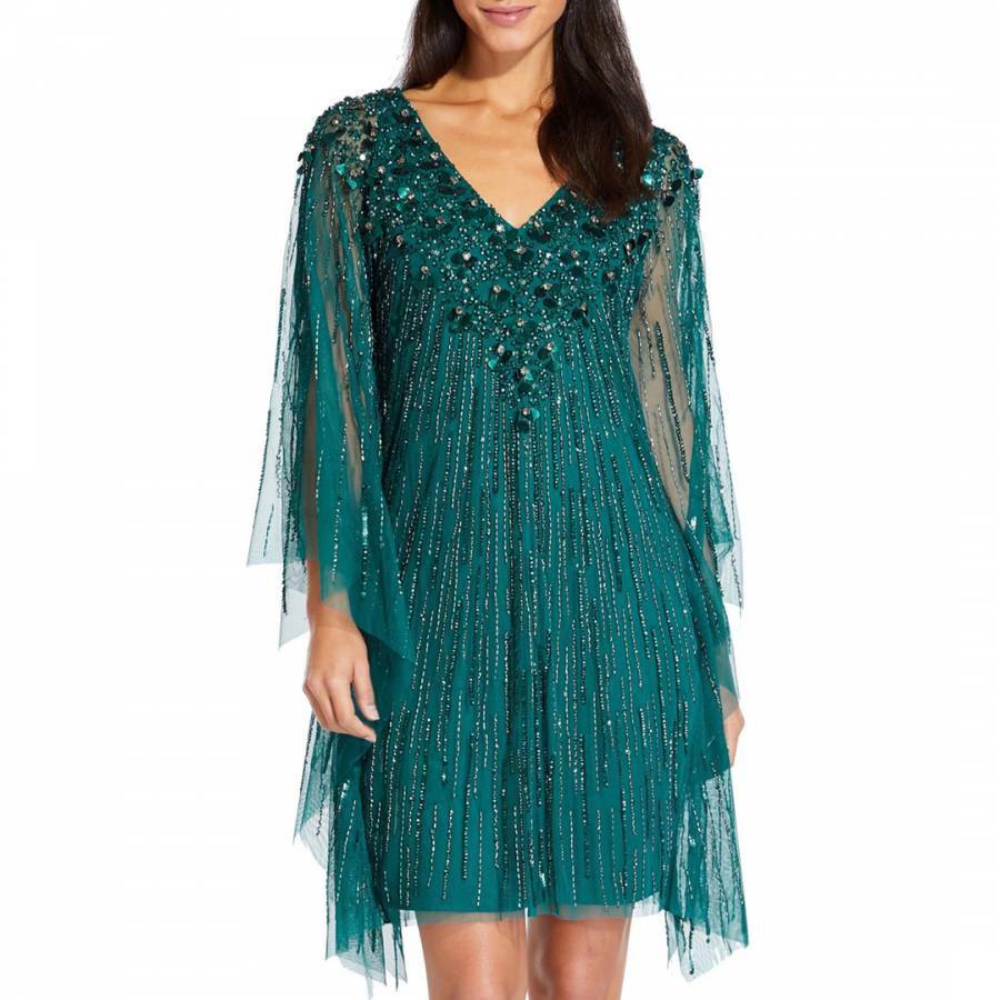 NEW Adrianna Papell Beaded Sequin Mesh Kaftan Dress Dark Jade [SZ Small ] #G809