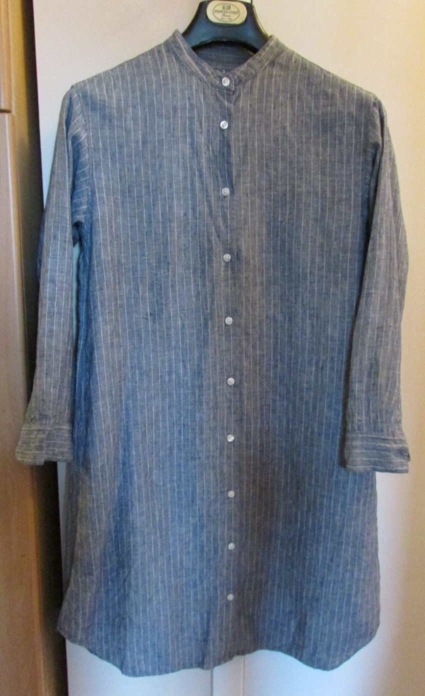 Women’s MUJI Stand Collar Linen Shirt Dress Gray Stripe Size S