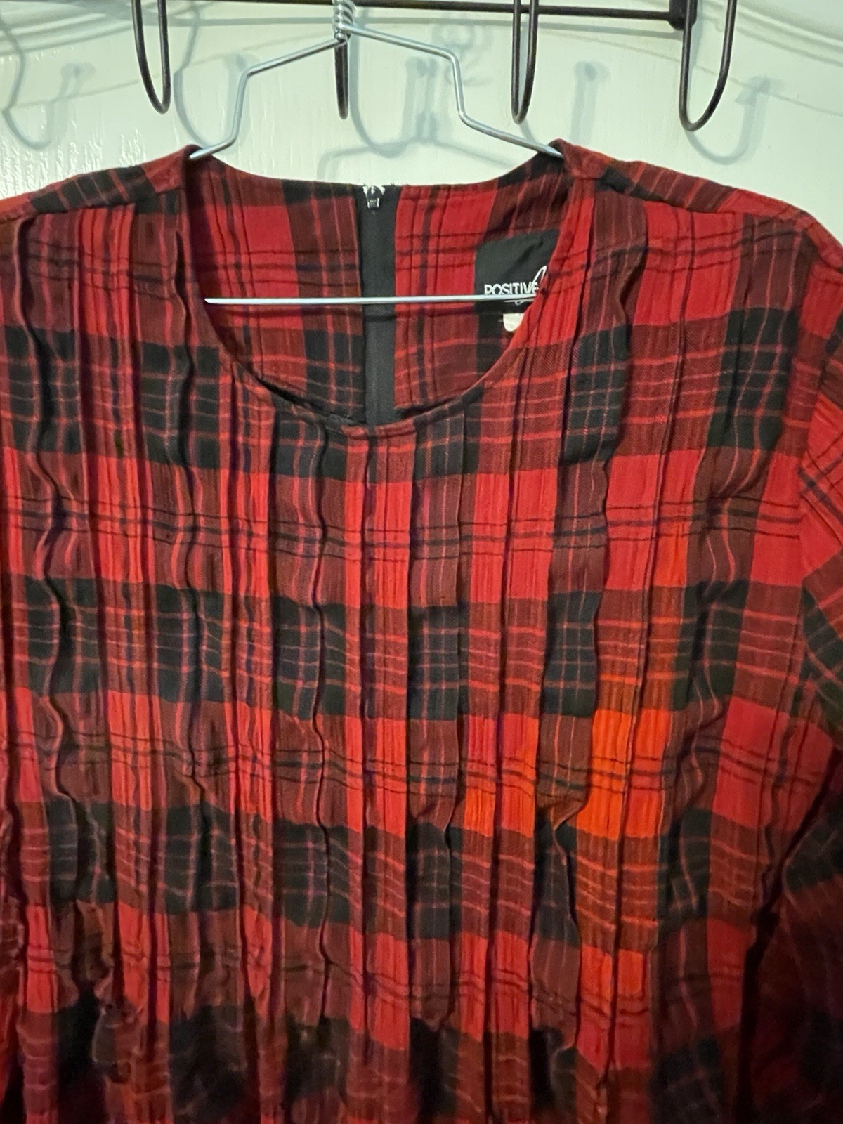 Red And Black Vintage Positive Attitude Dress Sz 14 Midi Plaid Zip And Tie Back