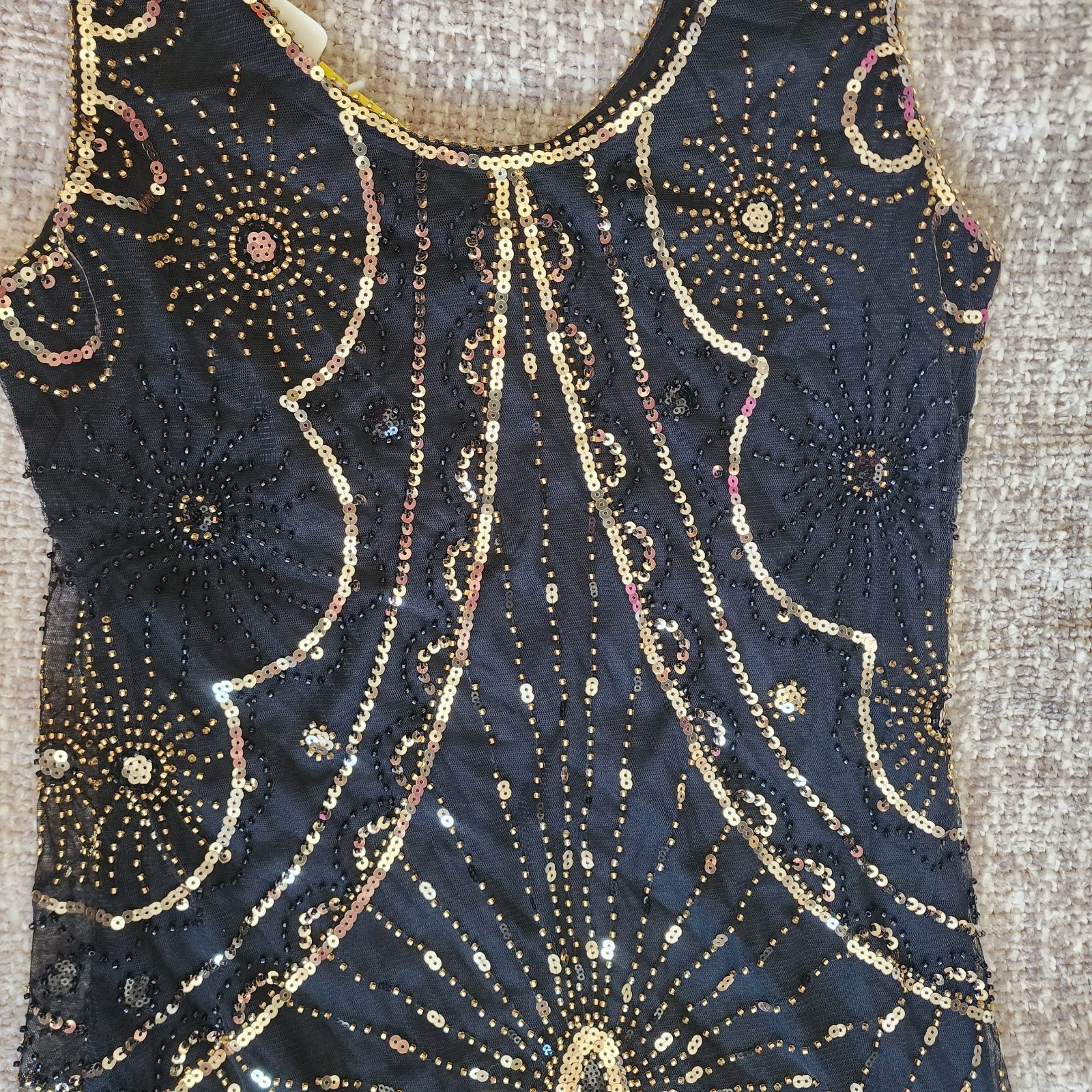 Yessa Black Gold Sequin Beaded Flapper Fringe Gatsby Dress Size Medium NWT
