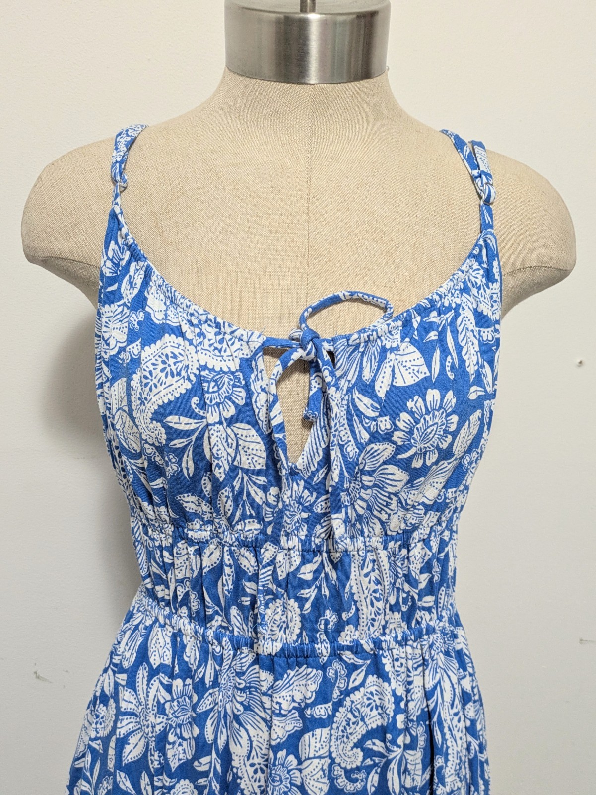 LOFT Blue Floral Paisley Midi Jersey Dress SMALL Summer Resort Beachy Feminine