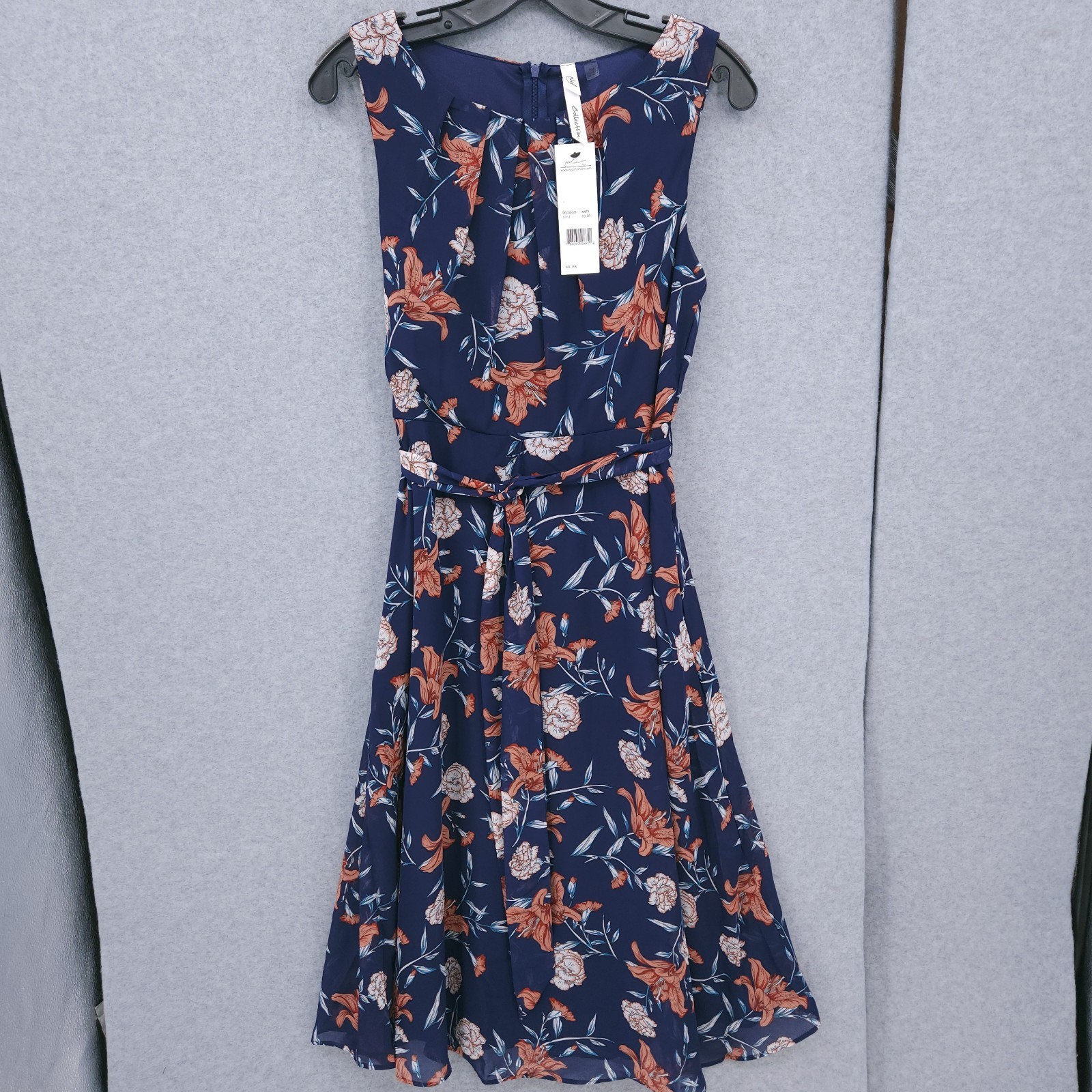 NY Collection Sleeveless Chiffon Belted Floral Scoop Dress Womens Size PM NWT