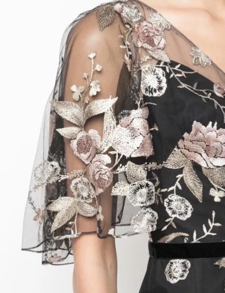 Marchesa Notte Floral Embroidered Gown Black Gold Pink Sheer Cape Sleeve Size 10