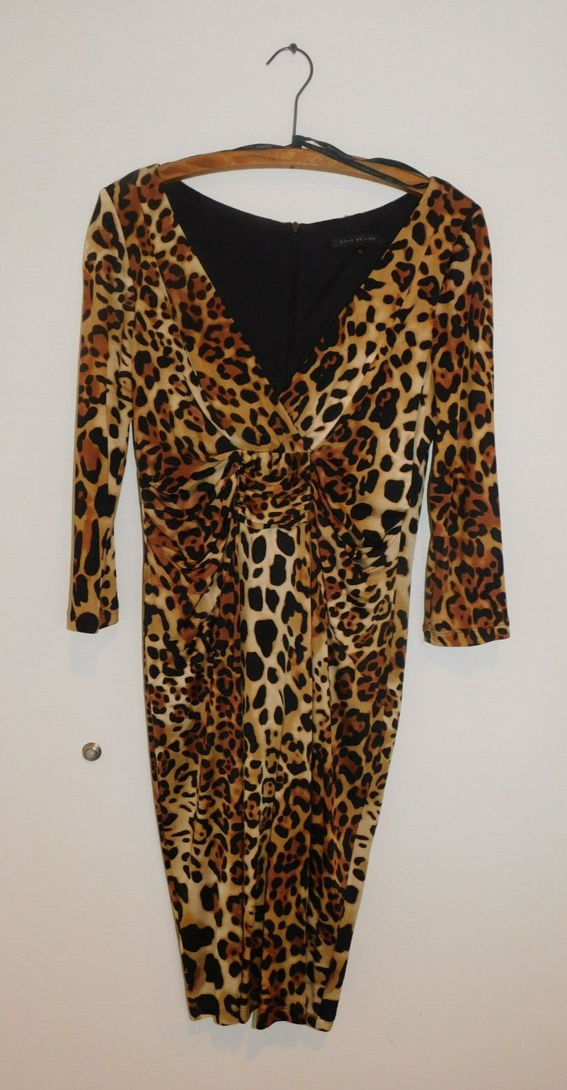 David Meister Animal Print Ruched Cross Over V-Neck 12 Jersey Knit Dress