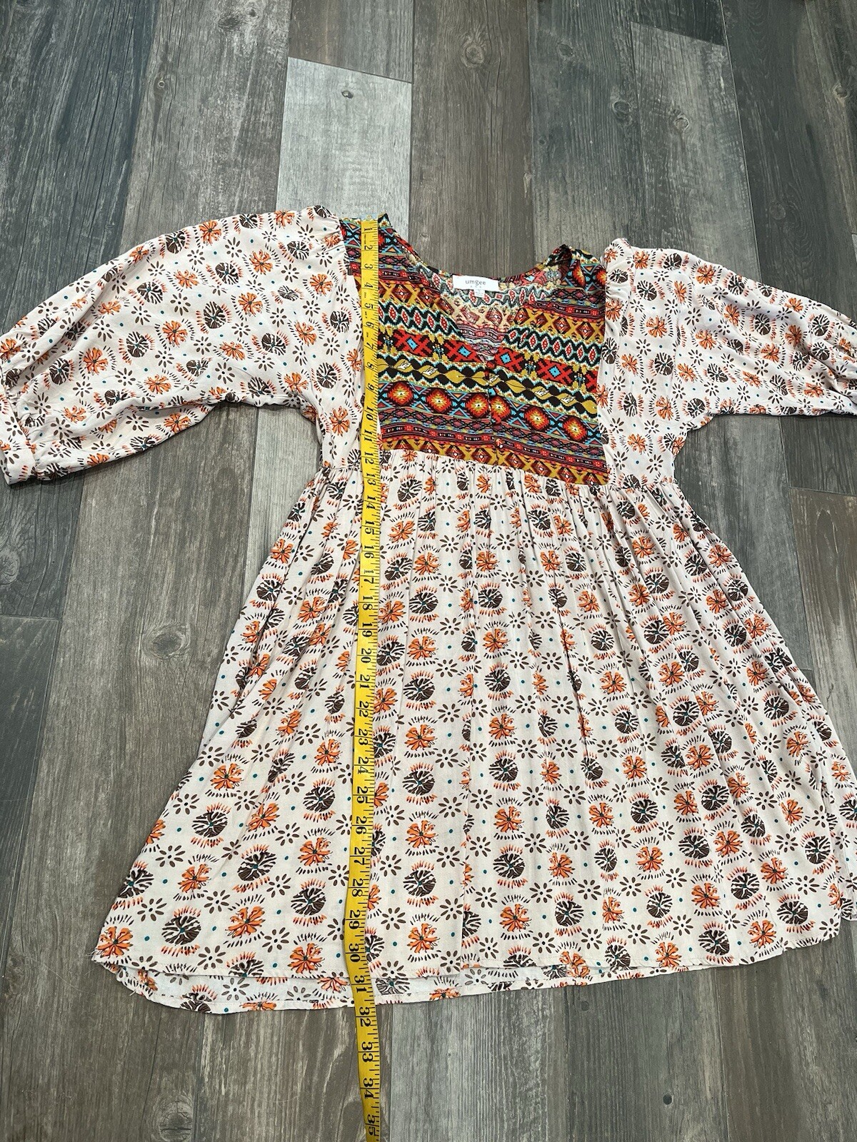 Umgee Aztec Dove Pattern 3/4 Sleeve Tunic Mini Dress Boho Western Rodeo Sz Small