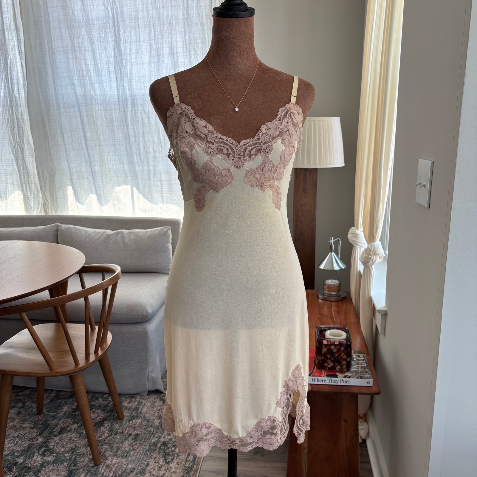 50s 60s Vintage Kayser Nylon Floral Lace Applique Slip Dress Mid Century Small