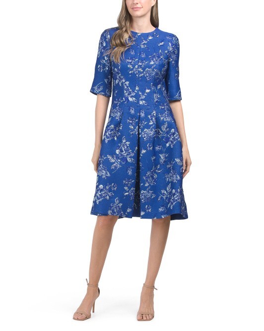TERI JON Jacquard Floral Three-quarter Sleeve Pleated Dress (size 22)