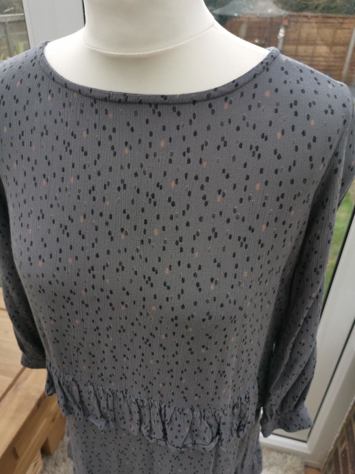FatFace Copper And Black Grey Spot Ruffle Smock Dress Size 10