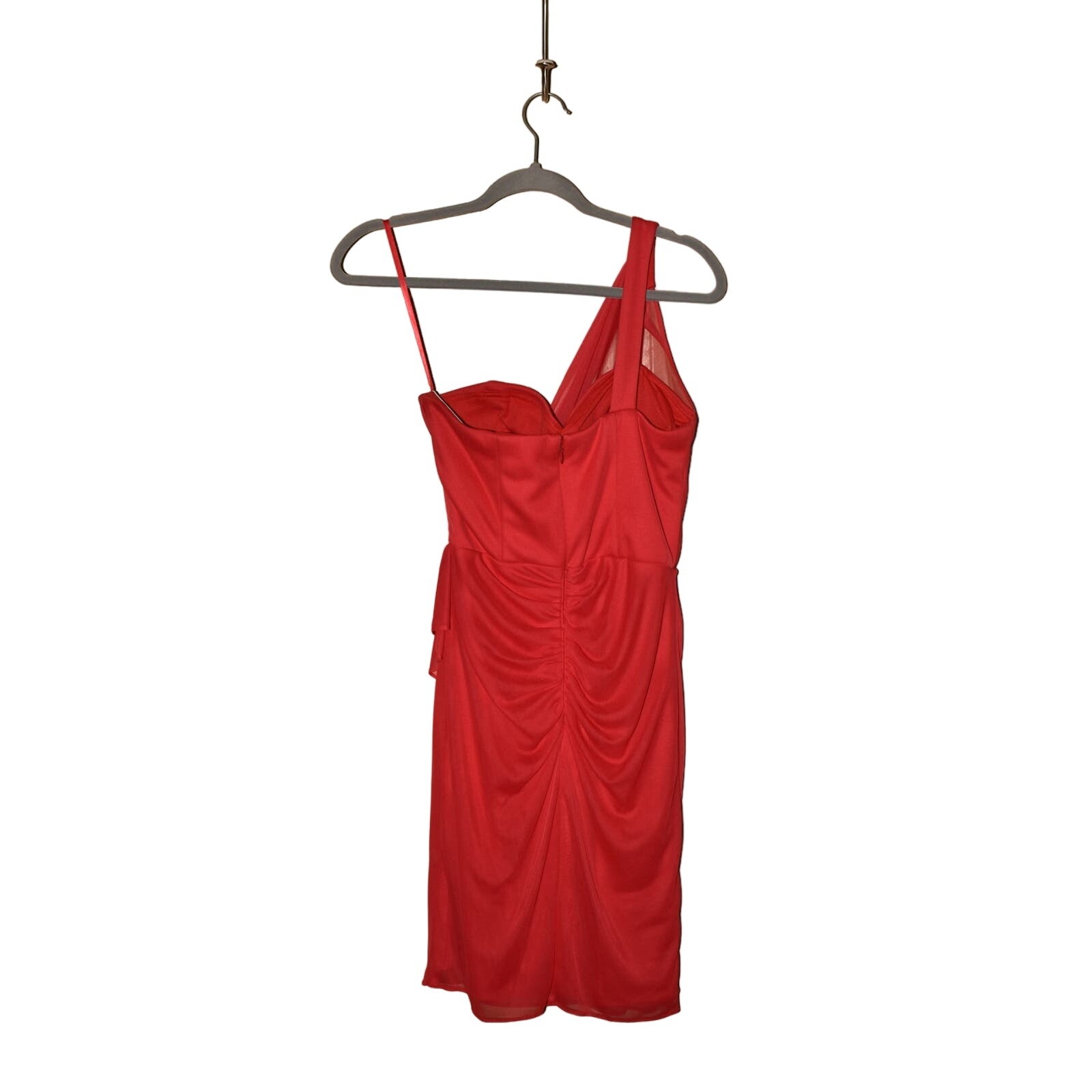 CACHE $148 Brooch Strap One Shoulder Mesh Cocktail Dress Red Size 6