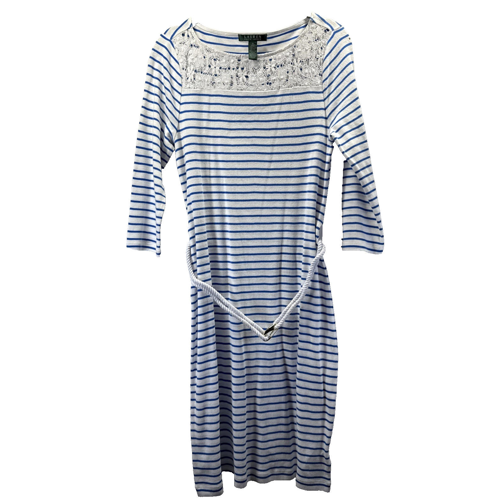 Lauren Ralph Lauren Dress Womens M Blue White Striped Belted 100% Cotton 3/4 Slv