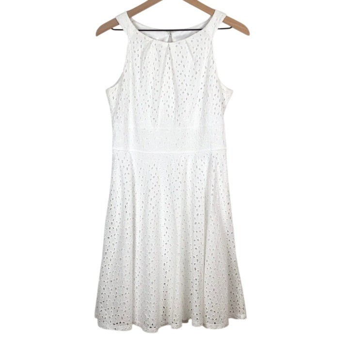 LONDON TIMES 100% Cotton Eyelet Sleeveless Fit & Flare Midi Dress Sz 8 White